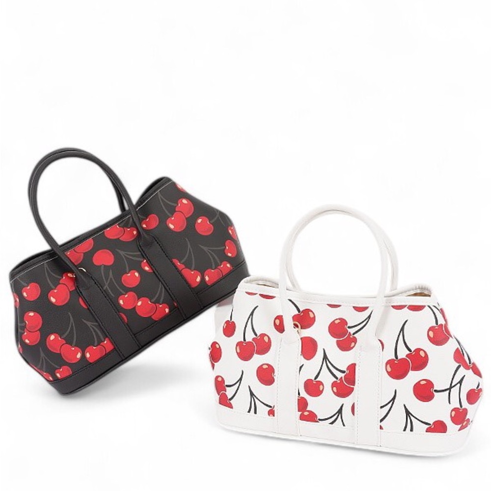 Cherry Print Top Handle Tote Bags - Black or White